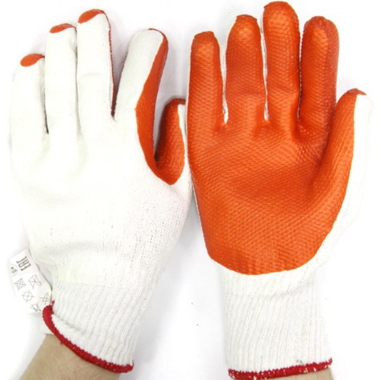 Перчатки ХБ с оранжевым латексным покрытием