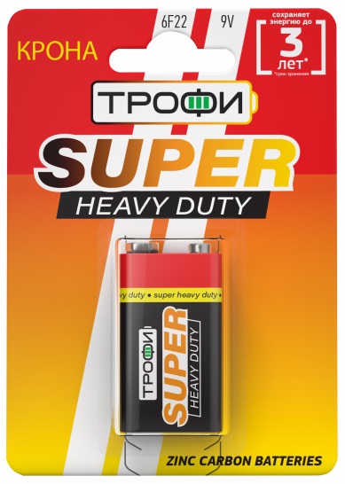 Батарейки Трофи 6F22-1BL SUPER HEAVY DUTY Zinc (12/96/6912)