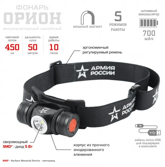 Фонарь налобный светодиодный GA-502 (аккум, 5 реж.) АРМИЯ РОССИИ