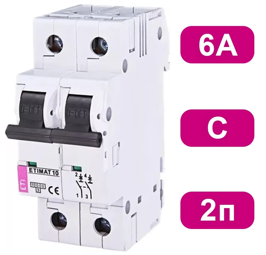Автоматический выключатель ETIMAT10 C6/2 10кA ETI