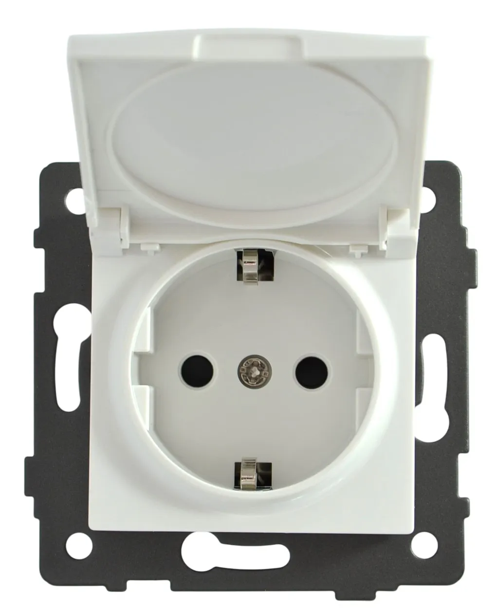 Розетка 1-я с крышкой с/з с шторками белая A-023W "Aura" AWSproducts