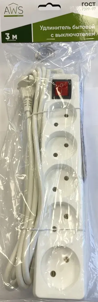 Удлинитель бытовой 5гн. 3м б/з с выкл. ПВС 2x0,75mm2 AWS-H05K-3 AWSproducts
