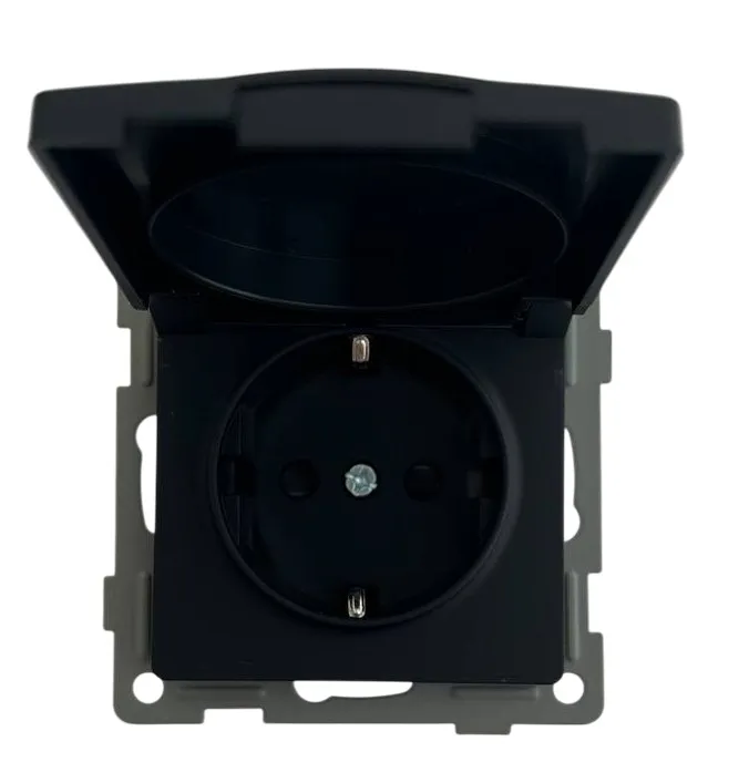 Розетка 1-я с крышкой с/з с шторками чёрная U2B-012 SoftTouch "Uno" AWSproducts