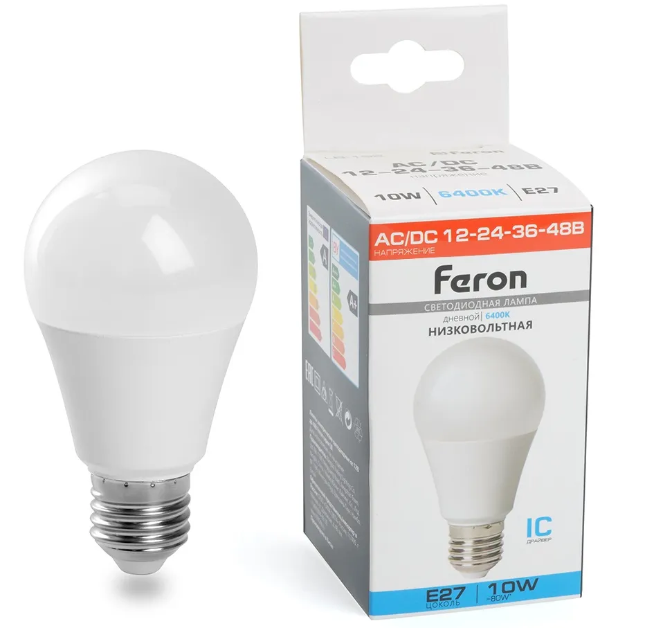 Лампа LED A60 E27 6400K 10Вт 12-48В Feron