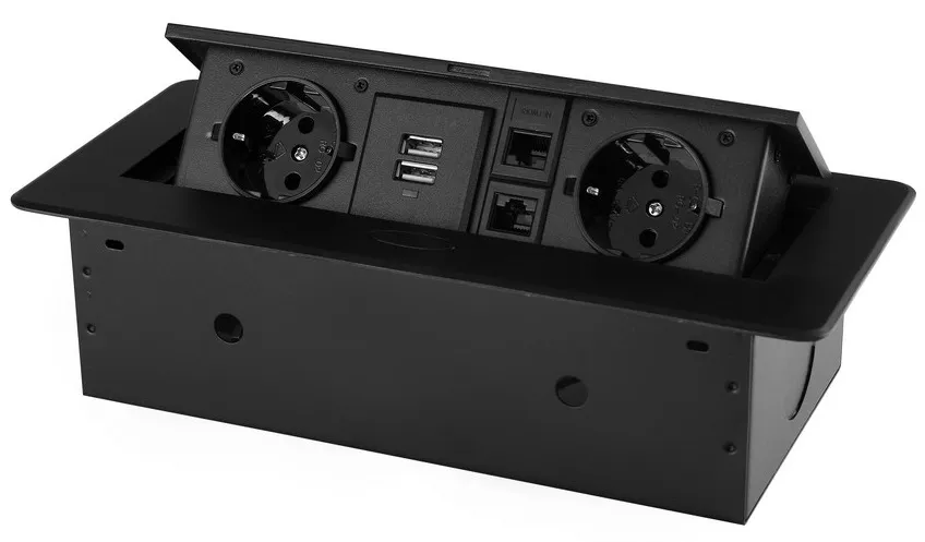 Выдвижная гор. розетка 2 Euro 16A, 2 USB A, 2 RJ45, 5В/2.1А, проводка, Черный RocketSocket