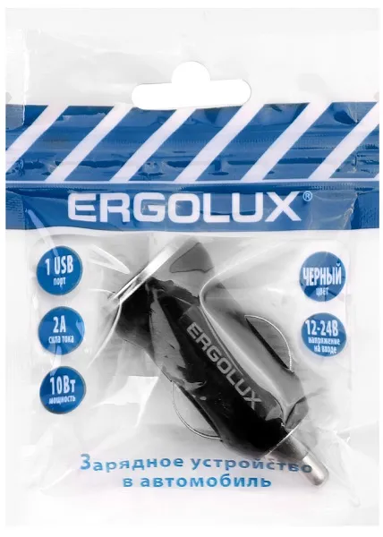 Автомобильное ЗУ ERGOLUX ELX-CA01P-C02 ПРОМО (1USB, 12В, 5V/2А, LED, Черный, Пакет )