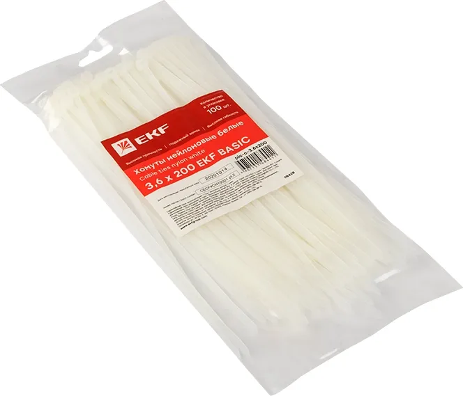 Хомут 3,6*200 белый нейлон (100 шт.) Basic (EKF), уп