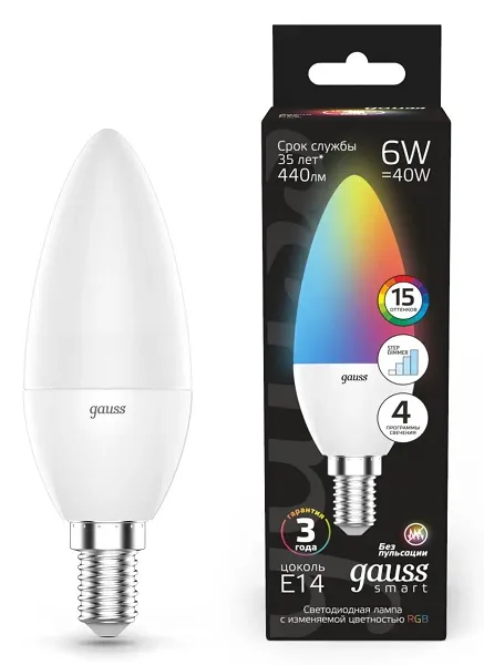 Лампа LED C35 E14 6Вт RGBW+dim Smart Gauss
