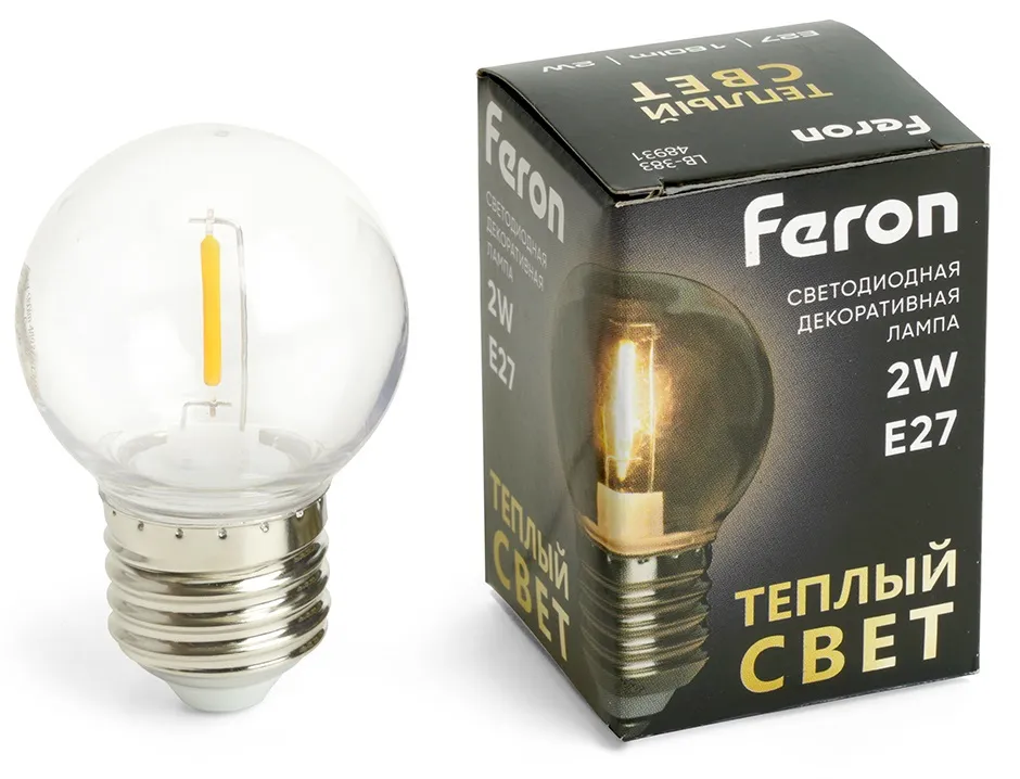 Лампа светодиодная G45 E27 2700K 2Вт прозрачная Feron