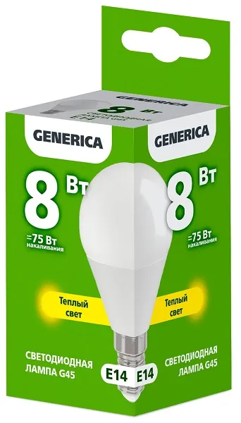 Лампа LED G45 E14 3000К 8Вт 800Lm GENERICA