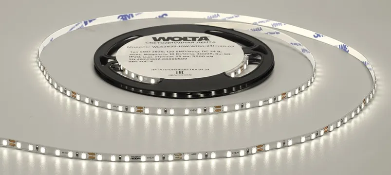 Лента LED SMD2835 10Вт 3000К 24В IP20 1300лм/м 120led/м 5мм (уп.5м) WOLTA, уп