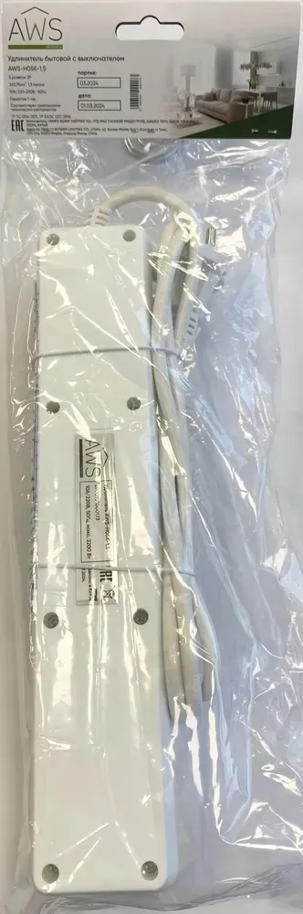 Удлинитель бытовой 5гн. 1,5м б/з с выкл. ПВС 2x0,75mm2 AWS-H05K-1,5 AWSproducts