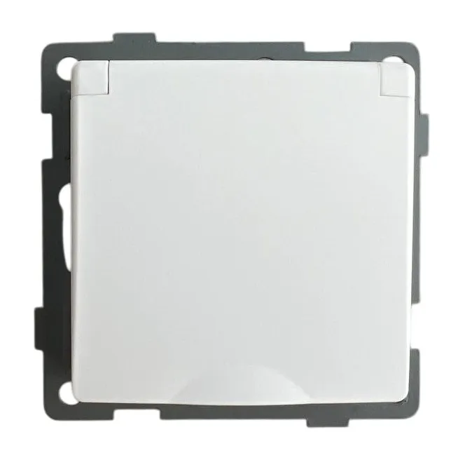 Розетка 1-я с крышкой с/з с шторками белая U1A-012 SoftTouch "Uno" AWSproducts