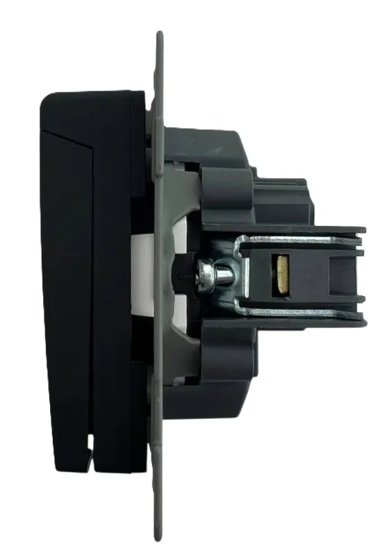 Розетка 1-я с крышкой с/з с шторками чёрная U2B-012 SoftTouch "Uno" AWSproducts