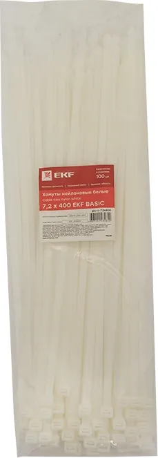 Хомут 7,2*400 белый нейлон (100 шт.) Basic (EKF), уп