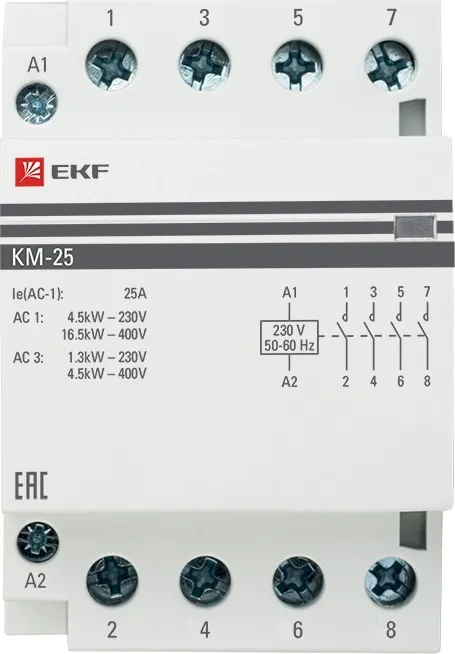 Контактор модульный КМ 25/40 (кат.230В AC, 4но, 25A PROxima) EKF