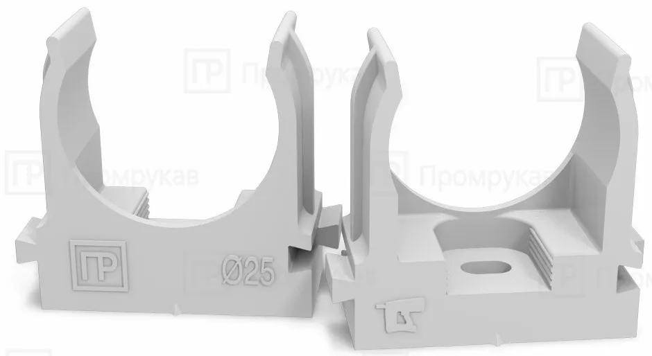 Крепеж-клипса для труб 25 мм СЕРАЯ прямой монтаж Промрукав (100шт)