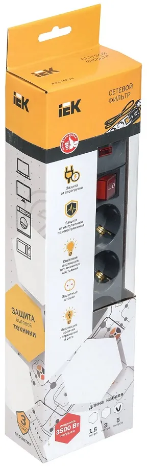 Сетевой фильтр 5гн. 5м с/з с выкл. ПВС 3х1мм2 серый СФ-05К IEK