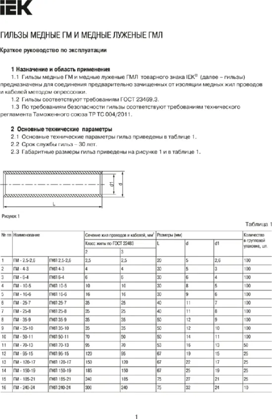 Гильза медная луженая ГМЛ 50-11 (IEK)