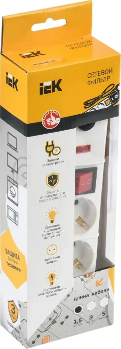 Сетевой фильтр 3гн. 1,5м с/з с выкл. ПВС 3х1мм2 СФ-03К IEK
