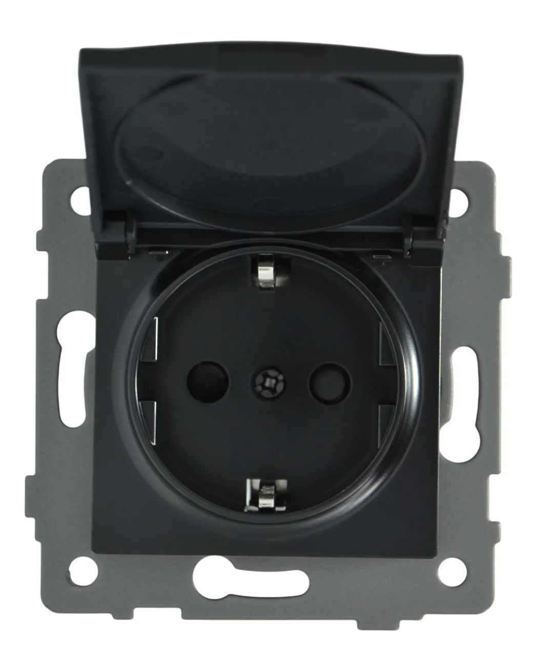 Розетка 1-я с крышкой с/з с шторками чёрная A-023B "Aura" AWSproducts