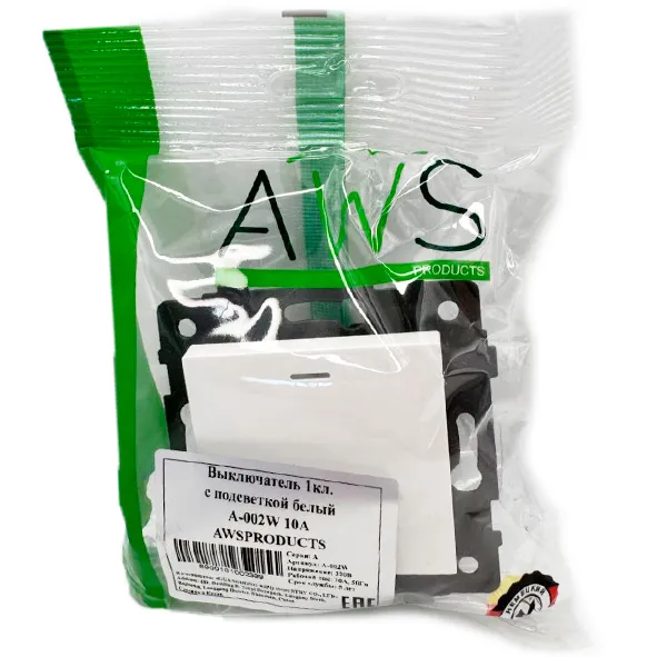 Выключатель 1-кл. с подсветкой белый A-002W "Аура" AWSproducts
