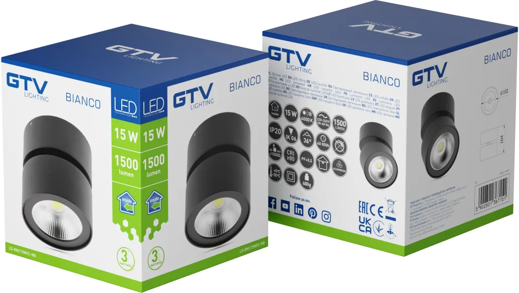Спот LED BIANCO 15Вт 4000K 1500Лм IP20 102мм черный 36° GTV