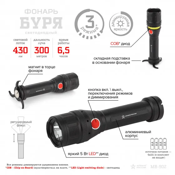 Светодиодный фонарь АРМИЯ РОССИИ MB-902 Буря ручной на батарейках с диммером регулируемый фокус встр