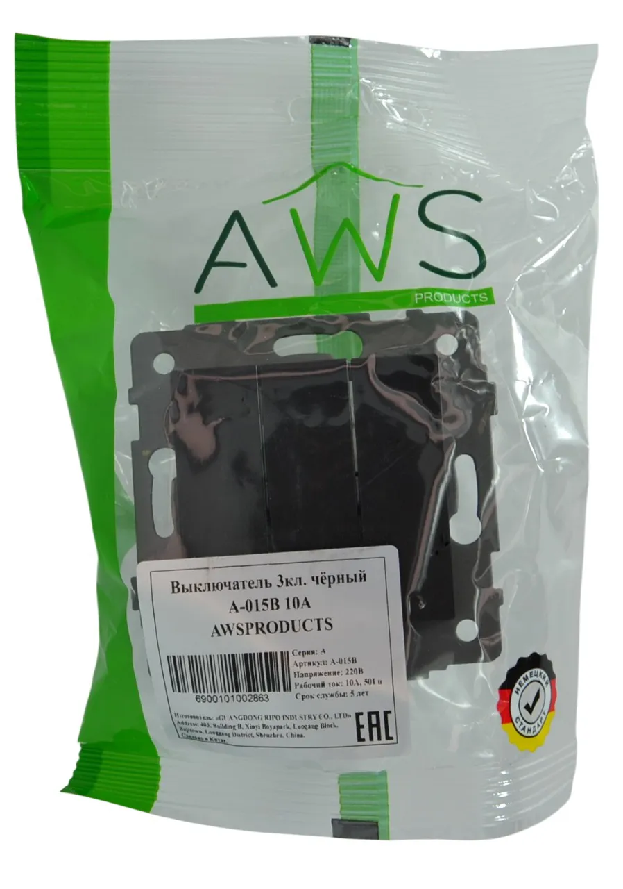 Выключатель 3-кл. чёрный A-015B "Аура" AWSproducts