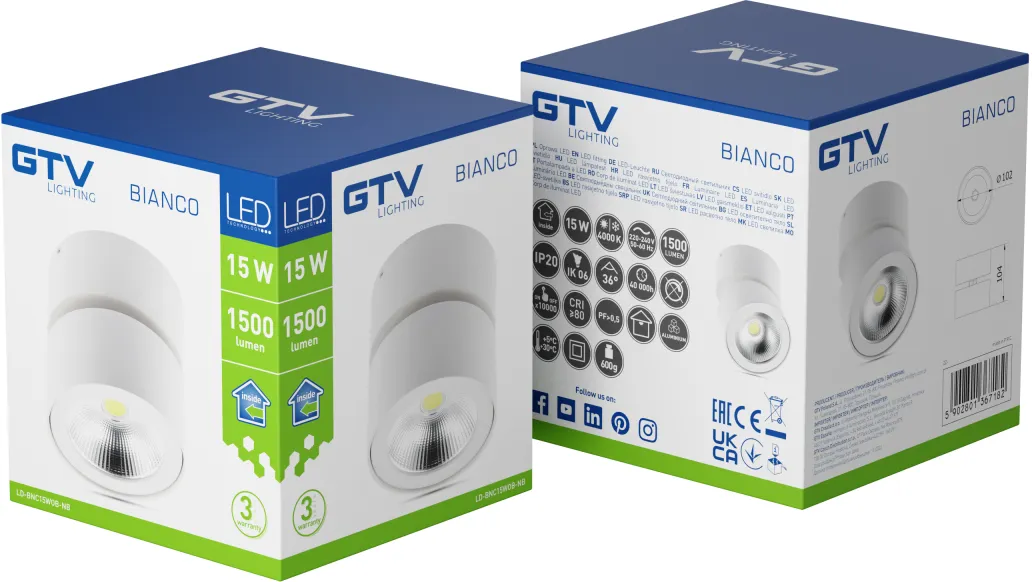 Спот LED BIANCO 15Вт 4000K 1500Лм IP20 102мм белый 36° GTV