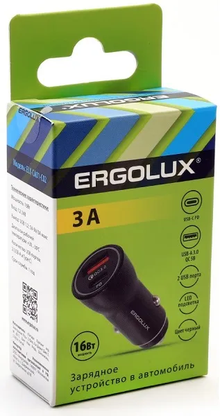 Автомобильное ЗУ ERGOLUX 1USB+1Type C, 12В, 5V/3А, LED, Черный, Коробка