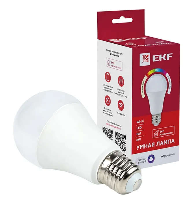 Умная лампа EKF Connect 8W WIFI RGBW E27