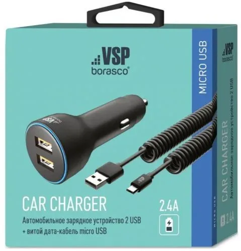 Автомобильное зарядное устройство 2USB 2.4А+microUSB кабель;2А;1м (0213)
