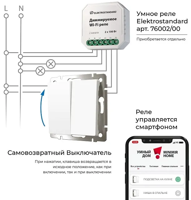 Выключатель двухклавишный с самовозвратом (белый матовый)