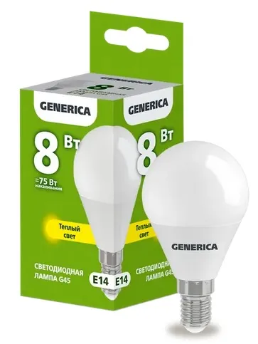 Лампа LED G45 E14 3000К 8Вт 800Lm GENERICA