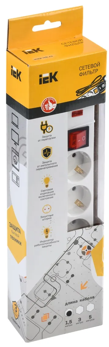 Сетевой фильтр 5гн. 1,5м с/з с выкл. ПВС 3х1мм2 СФ-05К IEK
