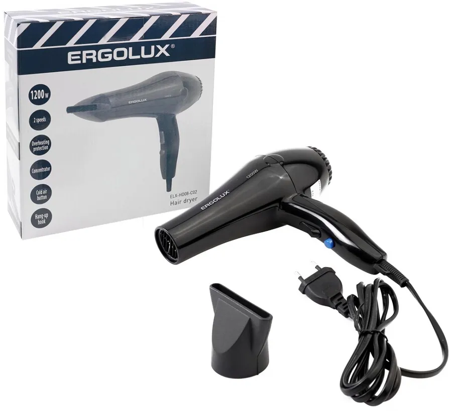 Фен 1200 Вт, 220-240В, черный ПРОМО ELX-HD08-C02 ERGOLUX