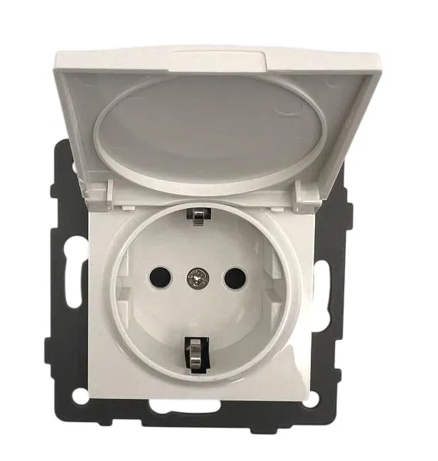 Розетка 1-я с крышкой с/з с шторками белая A-023W "Aura" AWSproducts