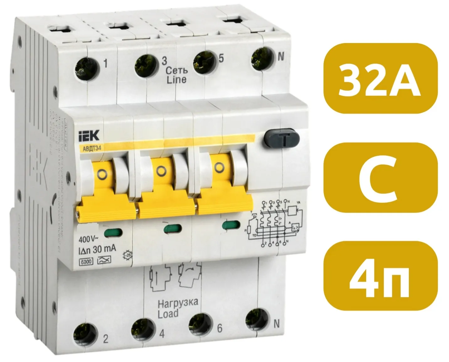 АВДТ34 С32/4/0,03, 30mA, тип АС, 6kA IEK