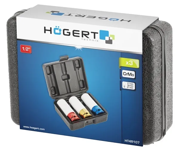 Головки ударные длинные, для литых дисков набор 1/2'' (3 шт.) (17мм, 19мм, 21мм) HOEGERT, ком