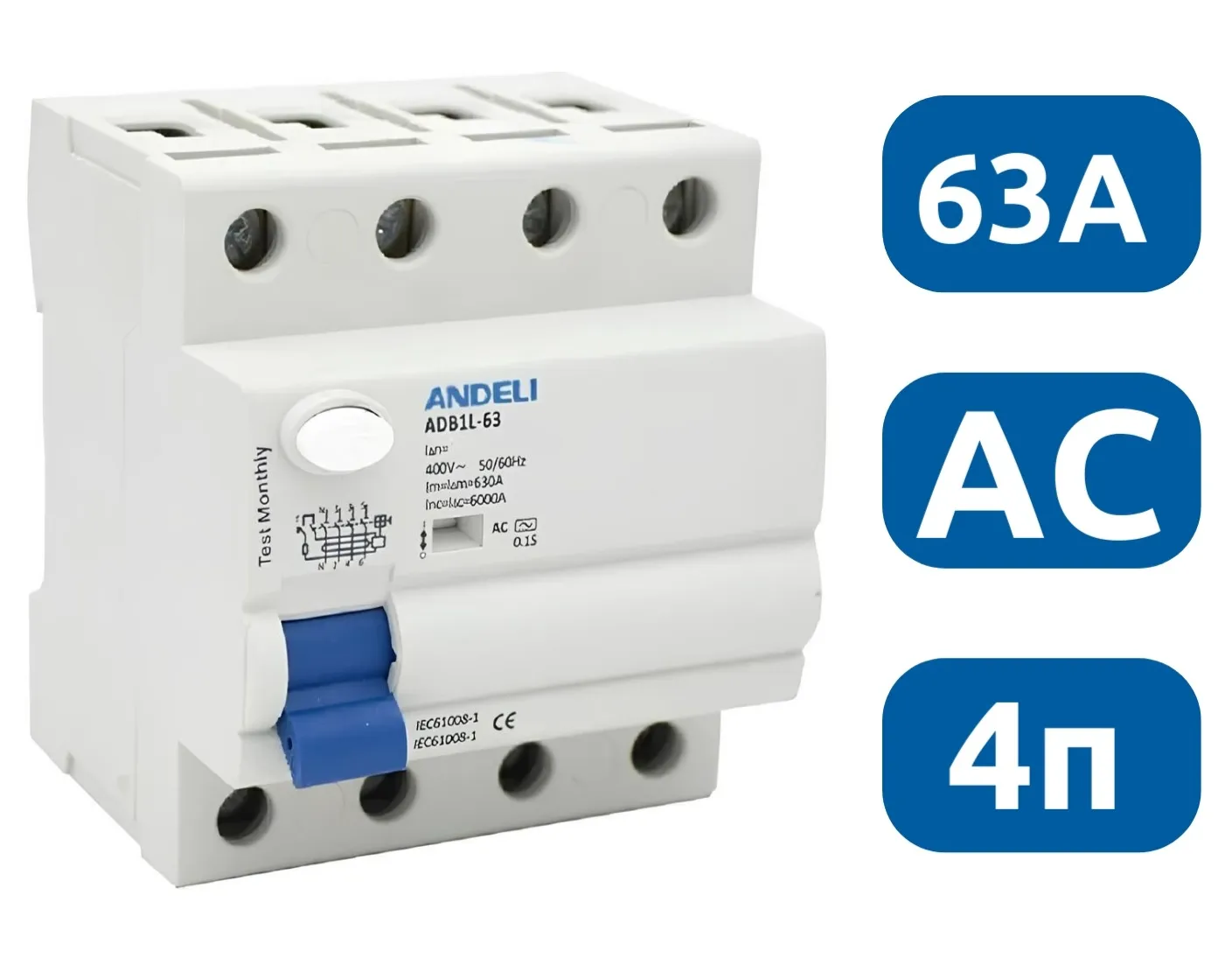 УЗО ADB1L-63 4P 63A 30mA тип AC 6kA Andeli