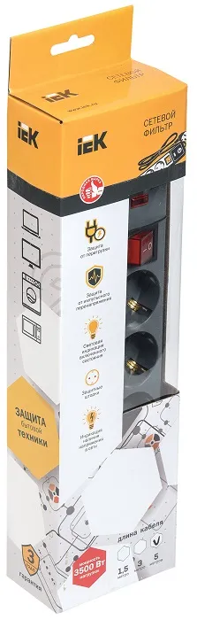 Сетевой фильтр 5гн. 3м с/з с выкл. ПВС 3х1мм2 серый СФ-05К IEK