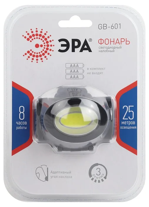 Фонарь налобный светодиодный GB-601 на батарейках мощный яркий 3 режима черный ЭРА