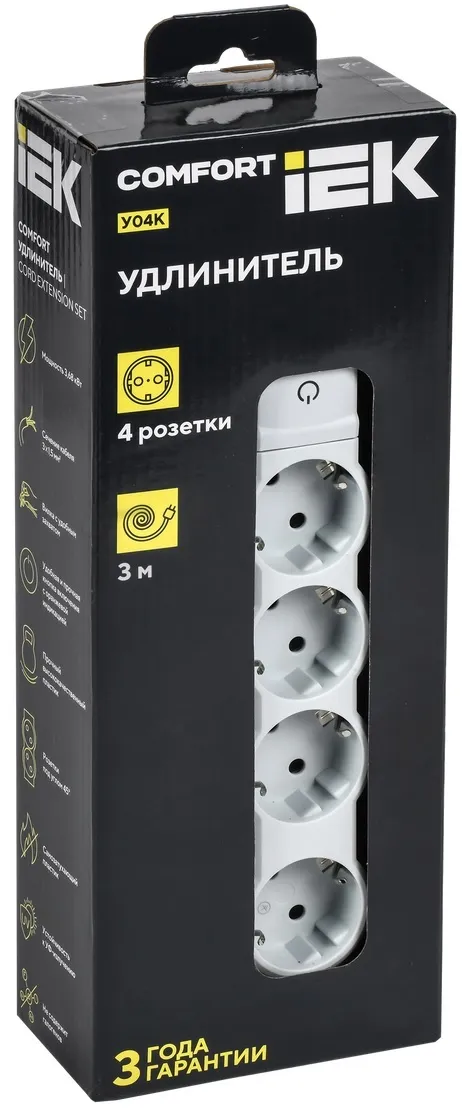 Удлинитель бытовой 4гн. 3м с/з с выкл. ПВС 3х1,5мм2 16А COMFORT У04К белый IEK