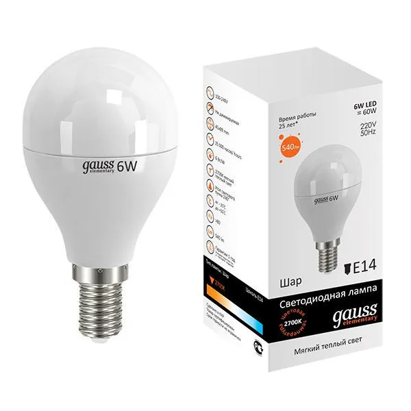 Лампа LED G45 E14 3000К 6Вт 420Лм Elementary Gauss