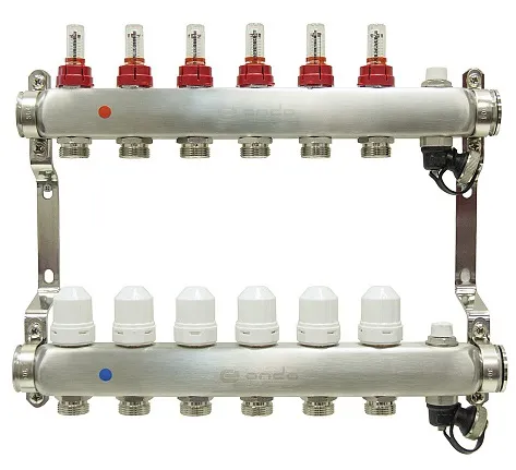 Коллекторная группа ONDO нерж сталь 6 вых. в сборе с автоматическим воздухоотводчиком, расходомерами