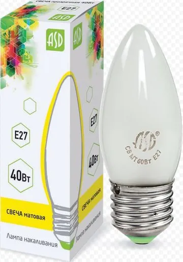 Лампа накаливания B35 Е27 40Вт матовая ASD