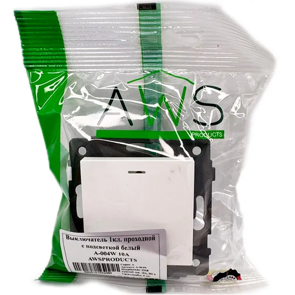 Выключатель проходной 1-кл. с подсветкой белый A-004W "Аура" AWSproducts