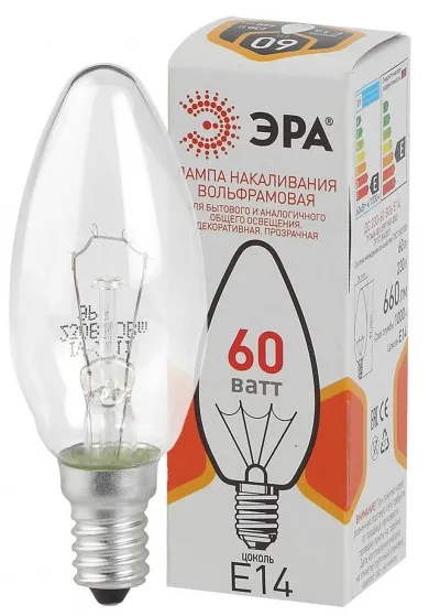 Лампа накаливания B35 Е14 60Вт прозрачная ЭРА