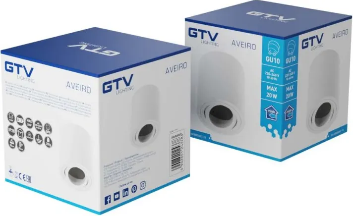 Светильник потолочный AVEIRO, алюминий, 80x85мм, IP20, GU10, макс 20 Вт, круглый, белый GTV